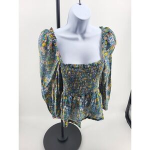 Birds of Paradis by Trovata Floral Smocked‎ Peplum Blouse Blue Cotton Medium
